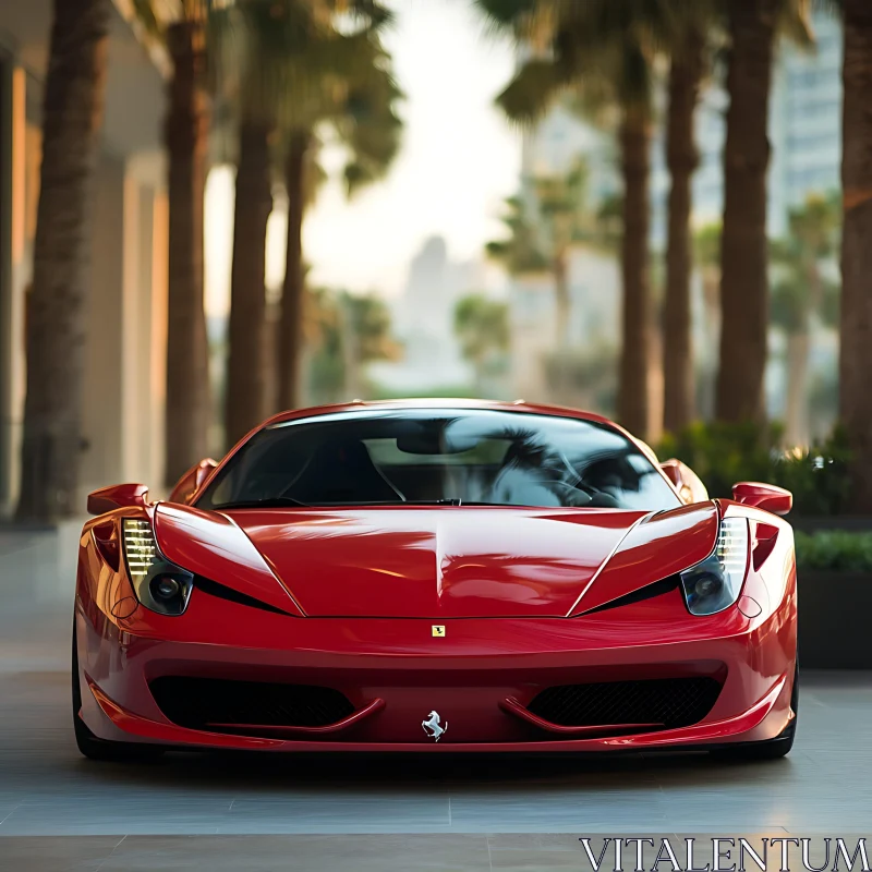 Luxury Red Sports Car Amidst Palm Trees AI Image