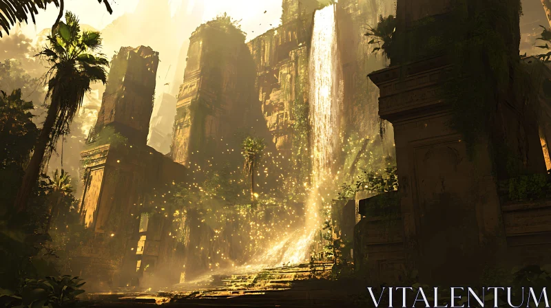 Golden-lit Ancient Ruins with Cascading Waterfall AI Image