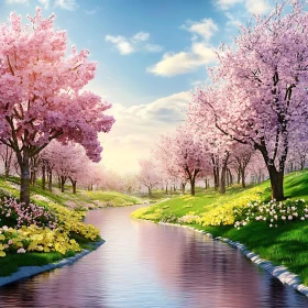 Serene Cherry Blossom Landscape in Spring