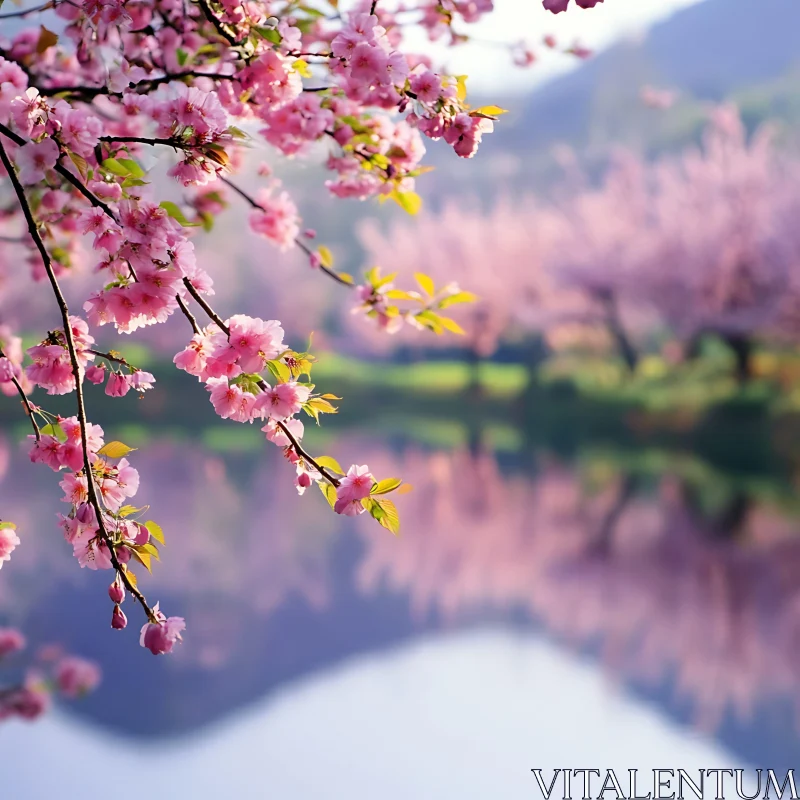 Tranquil Cherry Blossoms and Reflections AI Image