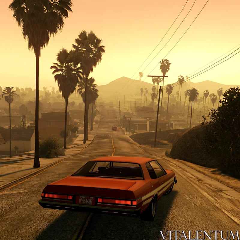 Nostalgic Drive at Sunset with Palm Trees and Cityscape AI Image