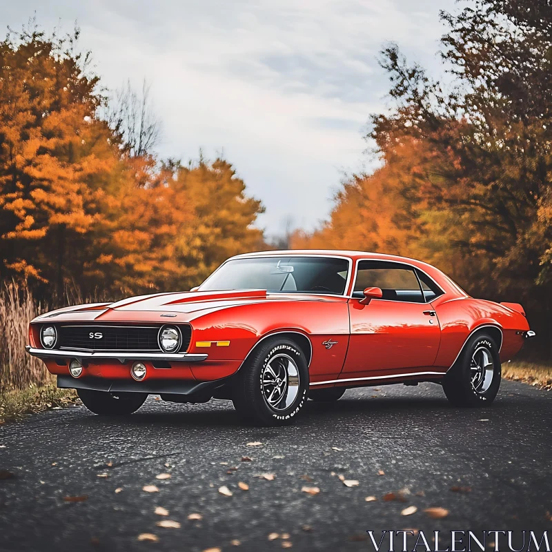 Vintage Red Car Amidst Autumn Foliage AI Image