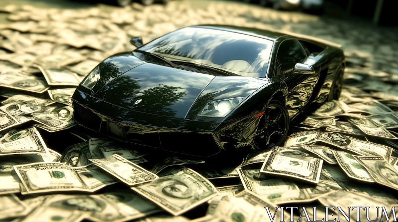 Opulent Black Sports Car Amidst Dollar Bills AI Image