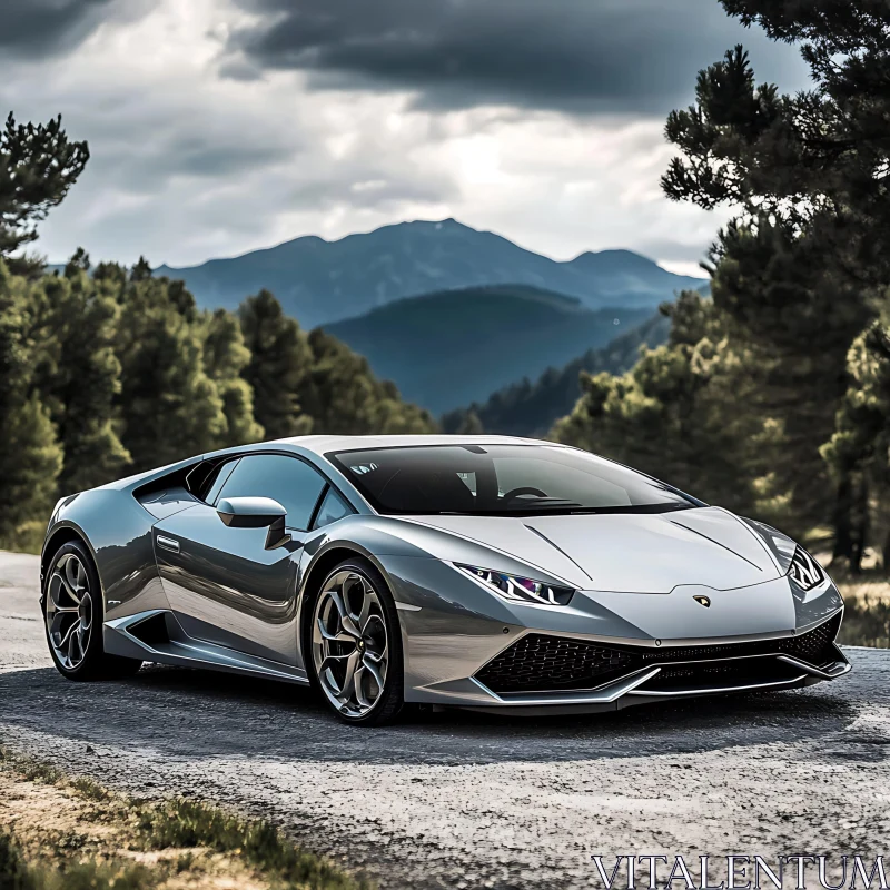 Luxury Silver Sports Car in Scenic Mountain Setting AI Image