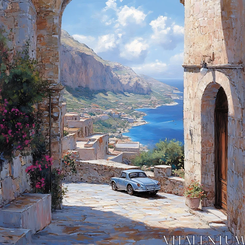 Mediterranean Coastal Village with Classic Car AI Image