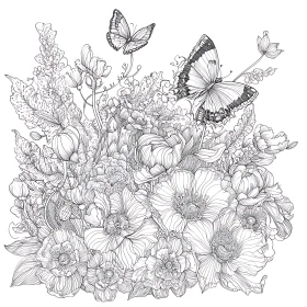 Intricate Black and White Floral and Butterfly Sketch