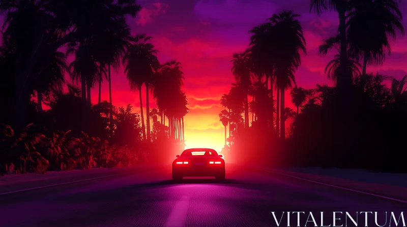 Driving into the Sunset among Palm Trees AI Image