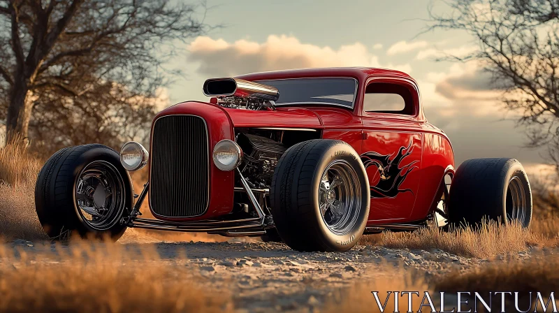 Striking Red Hot Rod in Nature AI Image