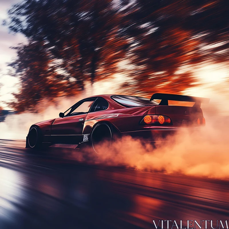 High-Speed Drift of a Red Sports Car AI Image