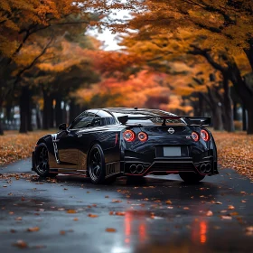 Luxury Black Car Amidst Fall Foliage