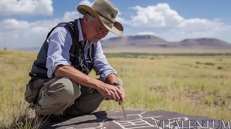 Field Archeologist Studies Historic Petroglyphs AI Image