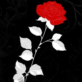 Striking Red Rose with White Leaves on Black Canvas