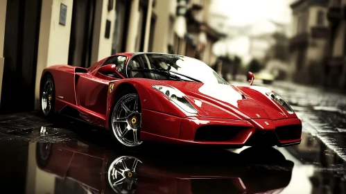 Luxury Red Supercar Parked on Rainy Day