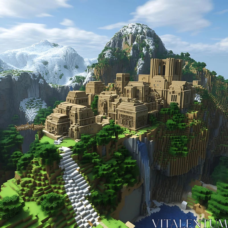 Minecraft Cliffside Village with Waterfalls and Mountain AI Image