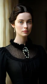 Captivating Portrait of a Woman in a Black Dress and Pearl Earrings