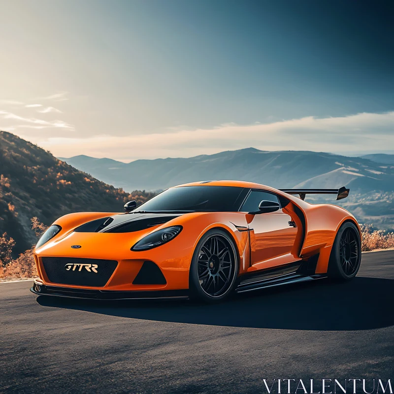 Luxury Orange Car in Mountainous Landscape AI Image