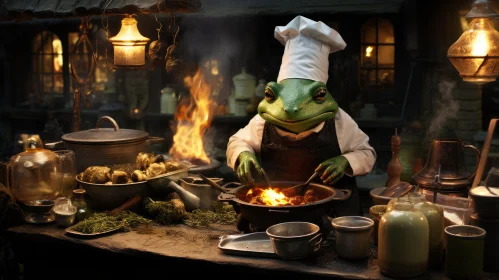 Frog Chef in a Lively Tavern Scene: Matte Painting Masterpiece