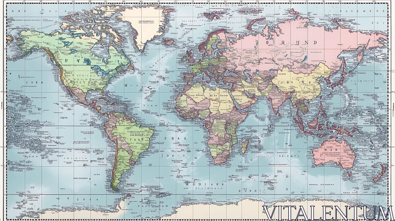 Antique World Map Featuring Continental and Ocean Labels AI Image