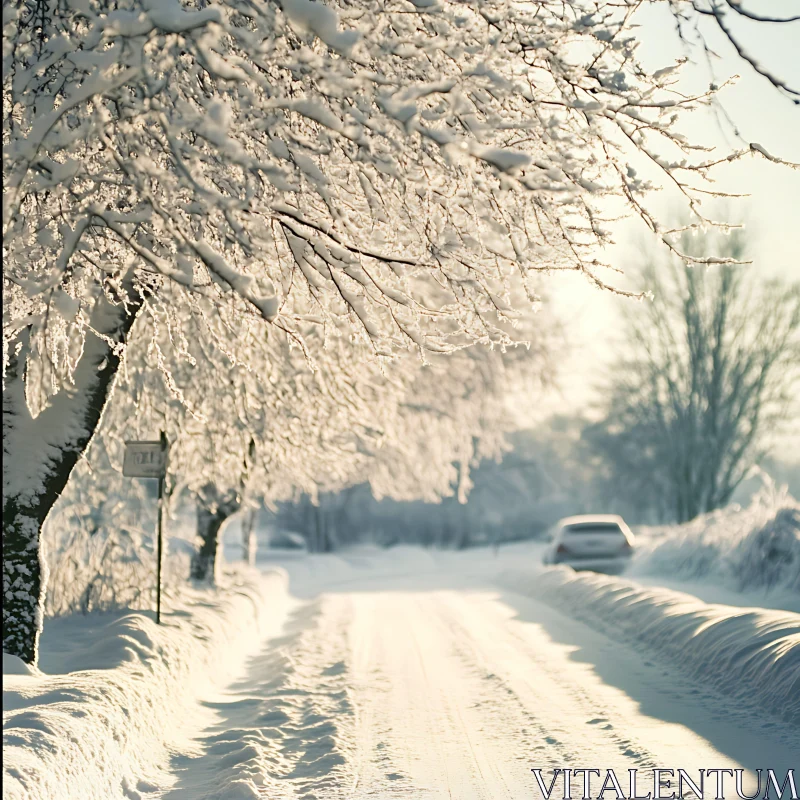 Peaceful Snowy Road Scene AI Image