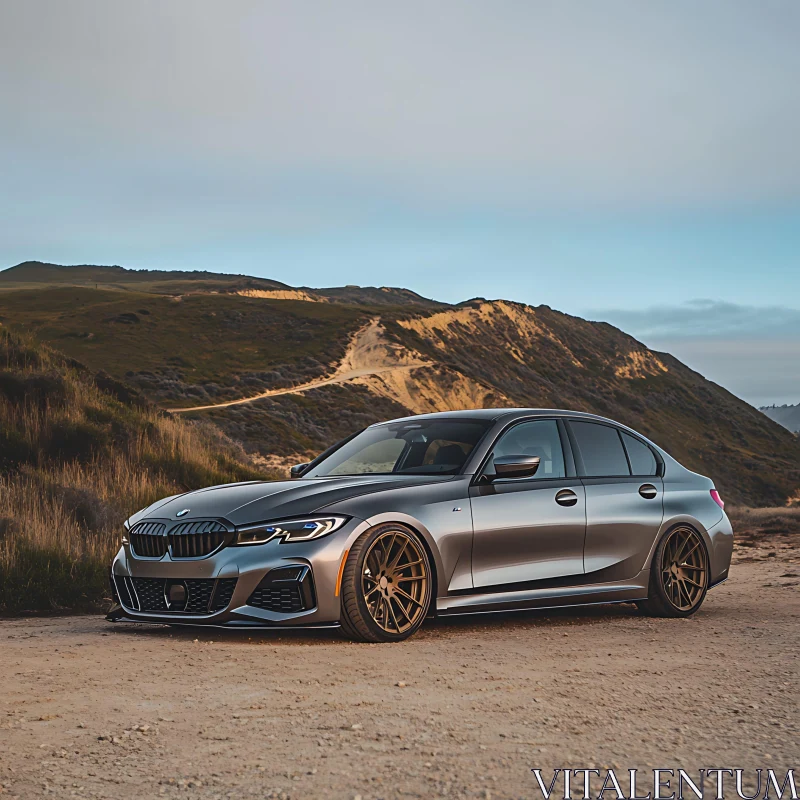 Sporty Gray Sedan in Natural Setting AI Image