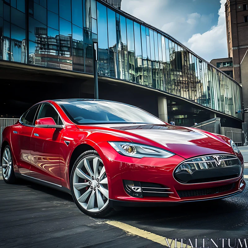 Modern Red Electric Vehicle in Cityscape AI Image