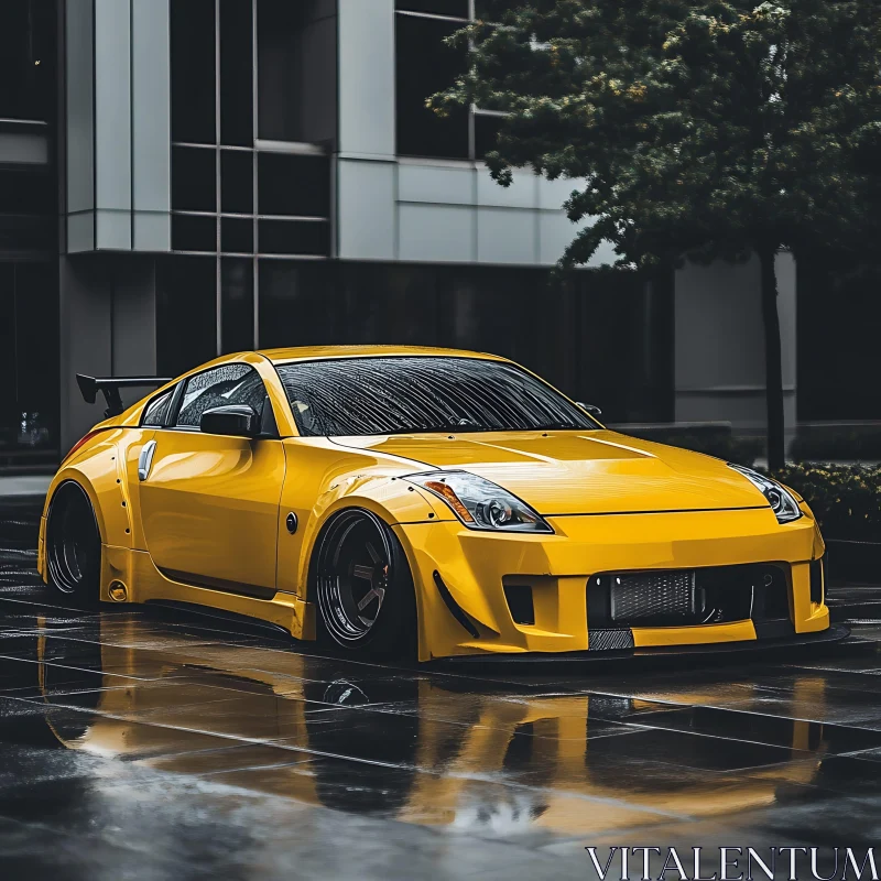 Yellow Sports Car with Reflective Surface AI Image