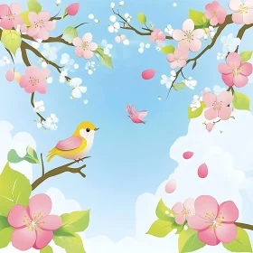 Illustration of Birds Among Spring Blossoms