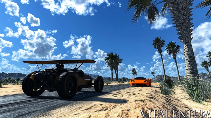 Desert Car Race with Orange Sports Car and Futuristic Vehicle AI Image