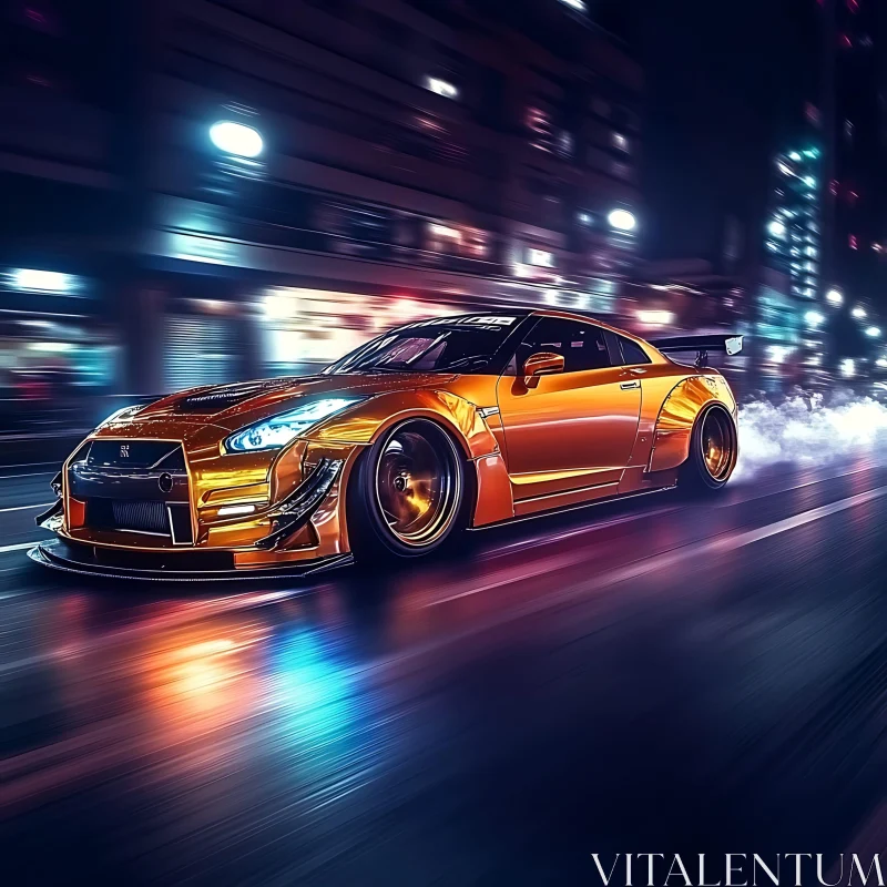 Gold Car on Neon-lit Night Street AI Image