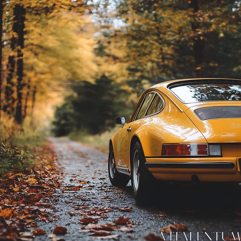 Classic Yellow Car in Autumn Forest AI Image