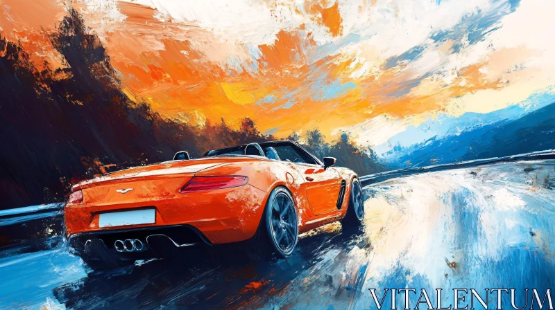 Orange Sports Car Zooming on Wet Road at Sunset AI Image