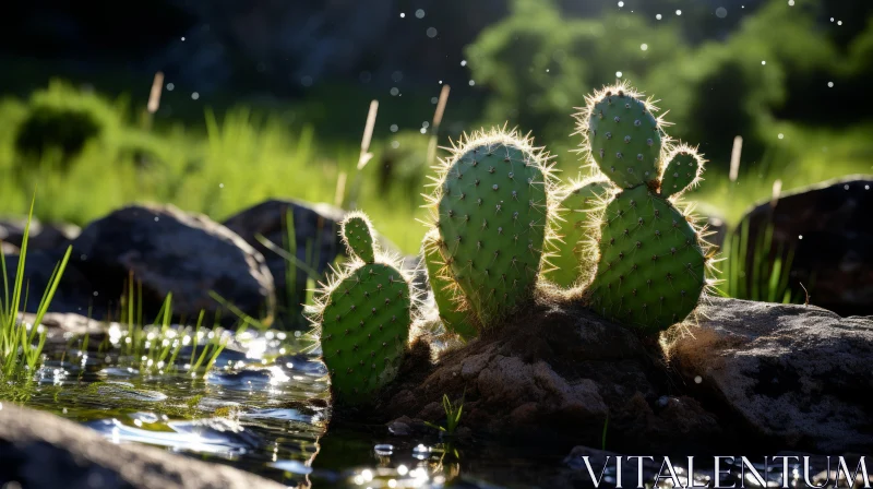 Sunlit Cactus on Streambank - A Backlit Bokeh Panorama AI Image