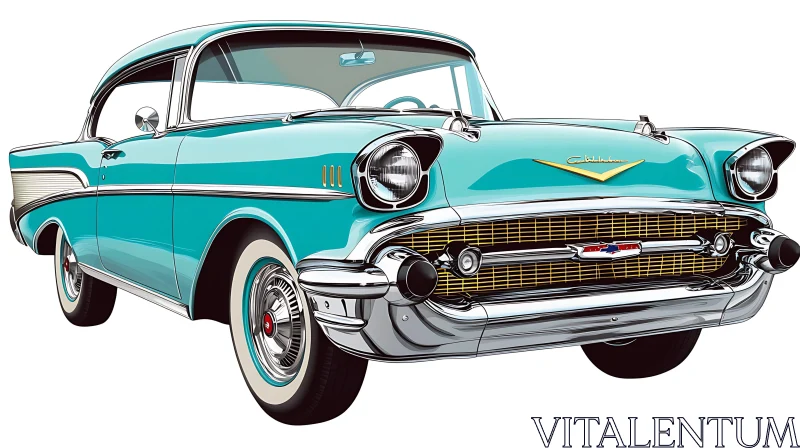 Retro Turquoise Vintage Car Illustration AI Image