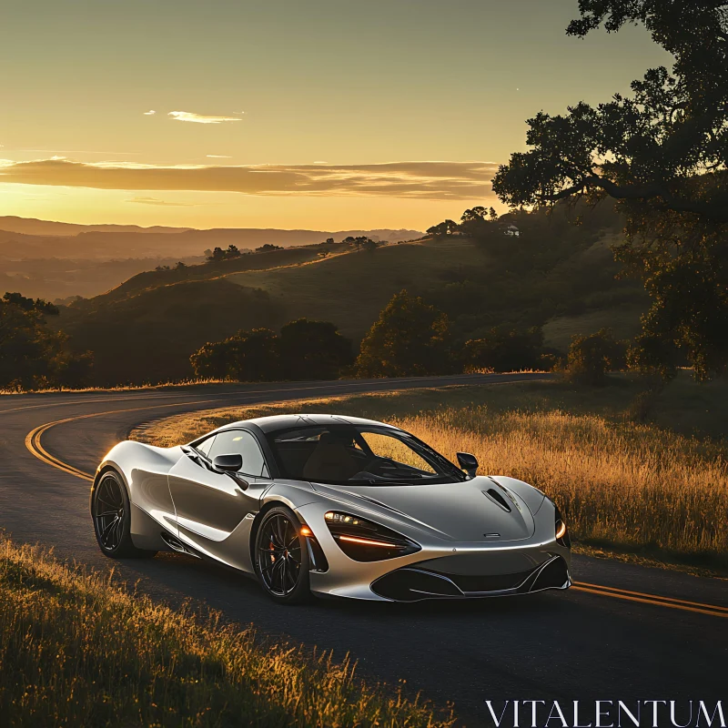 Luxury Car Cruising at Sunset on Winding Country Road AI Image