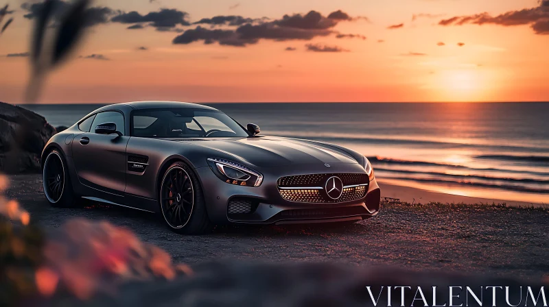 Elegance at Dusk: Black Sports Car by the Sea AI Image