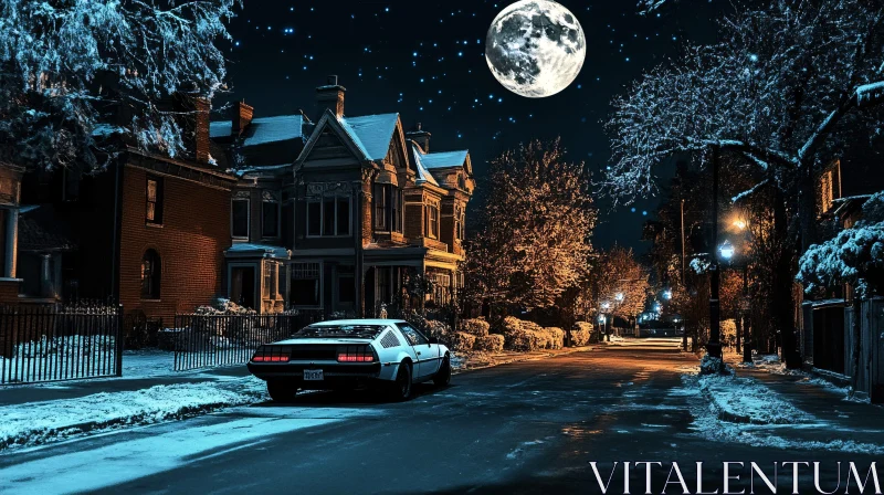 Snowy Victorian Street under the Full Moon AI Image