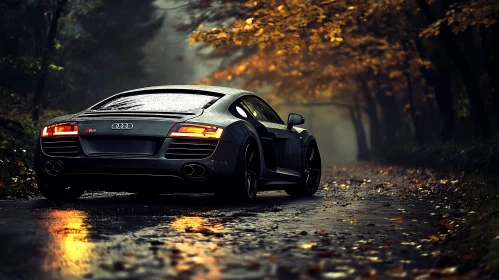 Audi Sports Car on Wet Forest Road