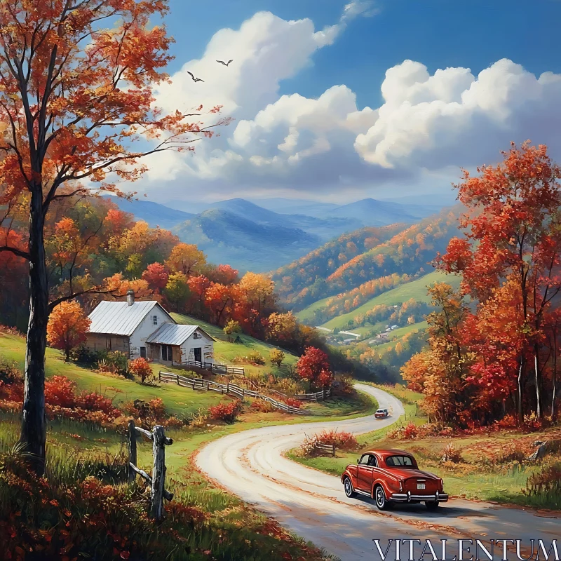 AI ART Autumn Serenity: Country Road and Red Car