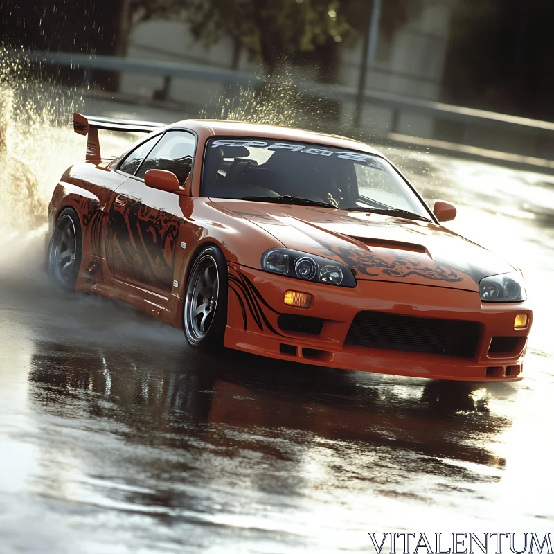 Orange Racing Car Drifting in Wet Conditions AI Image