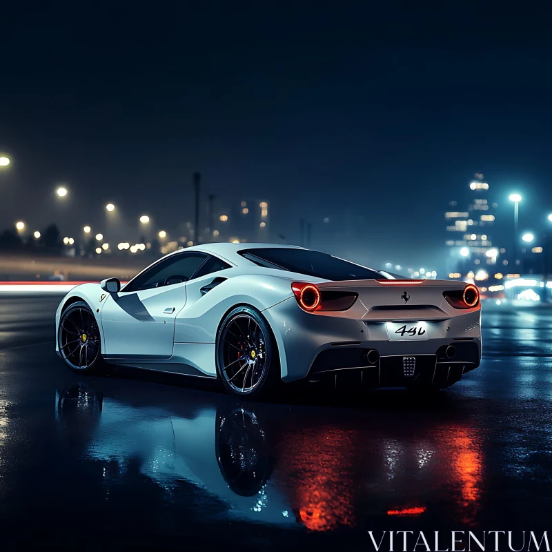 Luxury White Supercar in Urban Night Scene AI Image