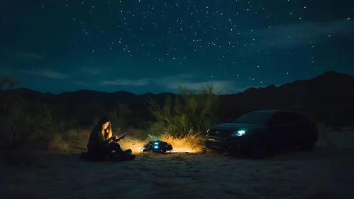 Desert Camping Night Scene with Stars and Campfire