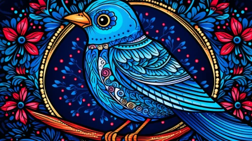 Neon Art Nouveau Blue Bird Illustration
