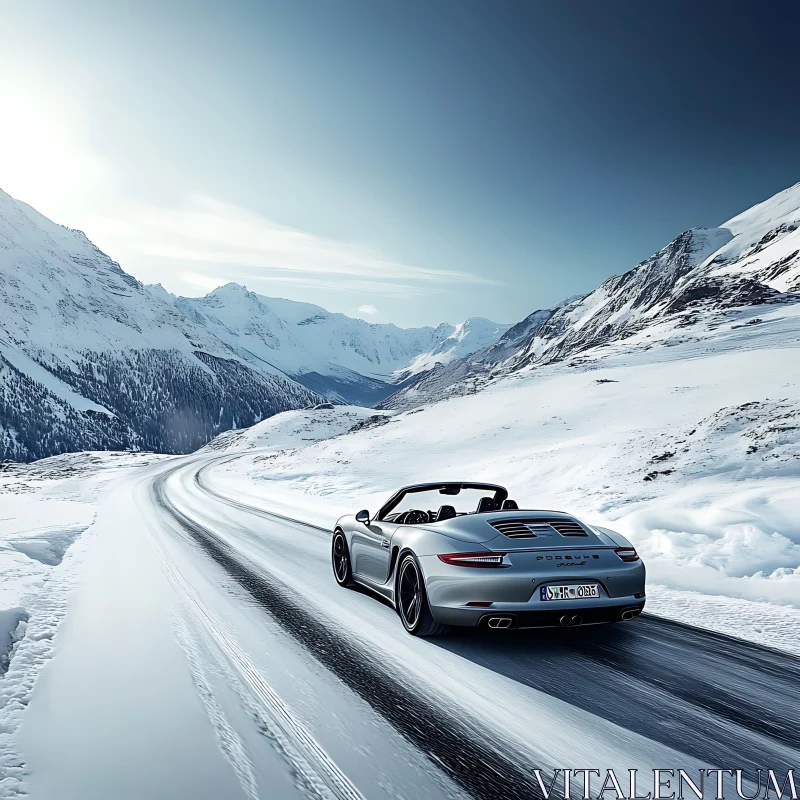 Luxury Convertible Driving on Snowy Mountain Path AI Image