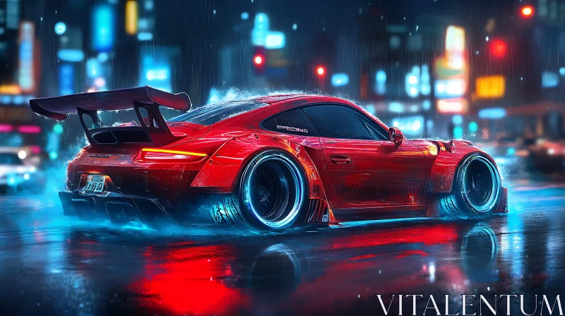 Rainy Night Cityscape with Red Sports Car AI Image