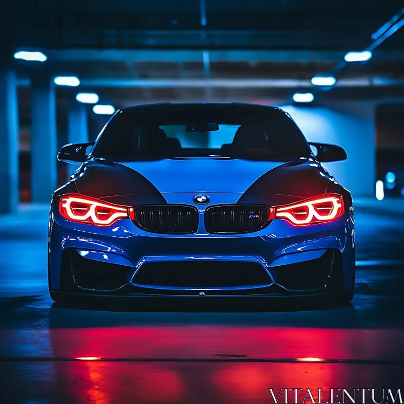 Luxury Blue Car in Dim Garage AI Image