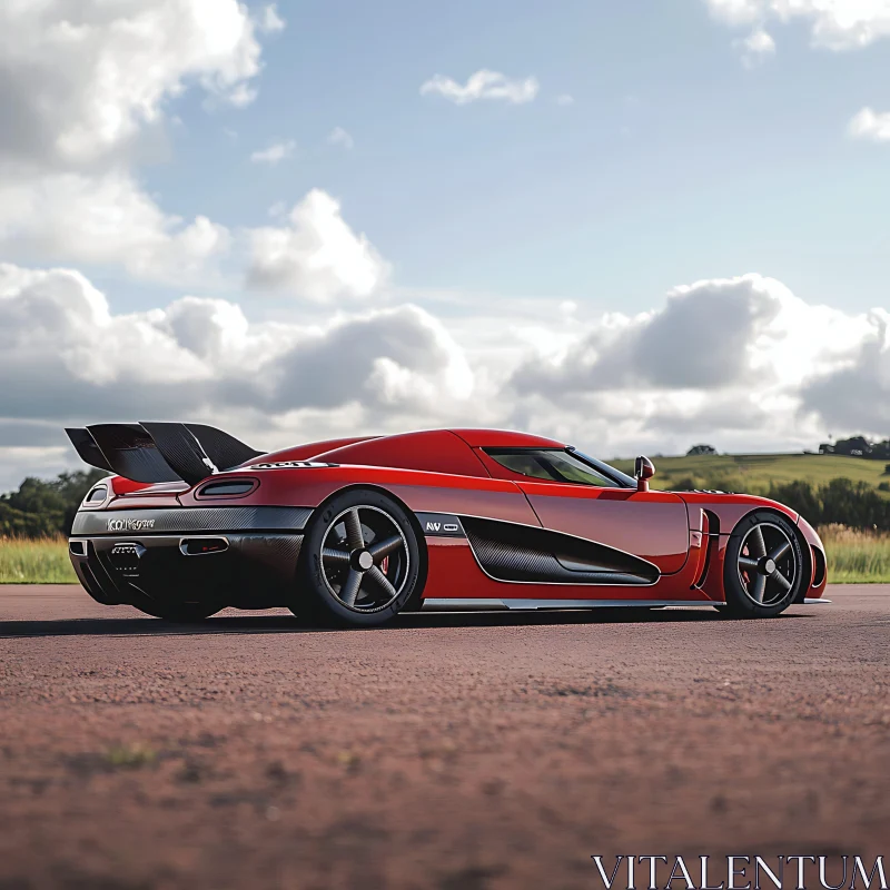 Red Supercar Against Open Fields AI Image