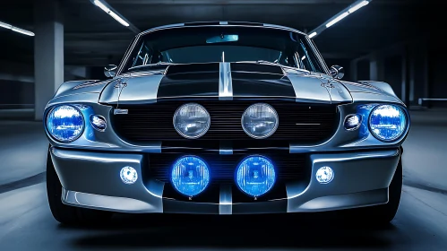 Front View of a Metallic Muscle Car with Blue Lights