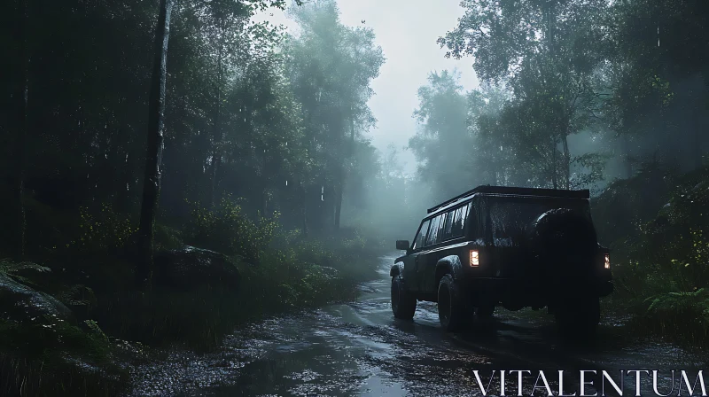 Off-Road Vehicle in Misty Forest AI Image