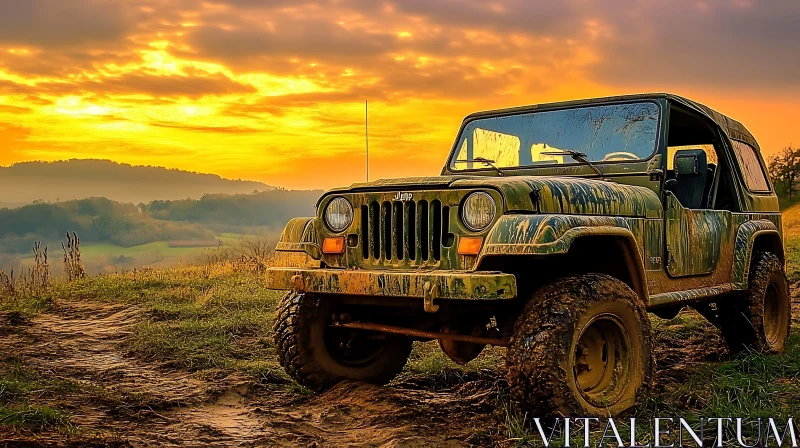 Mud-Covered SUV in Beautiful Sunset Setting AI Image