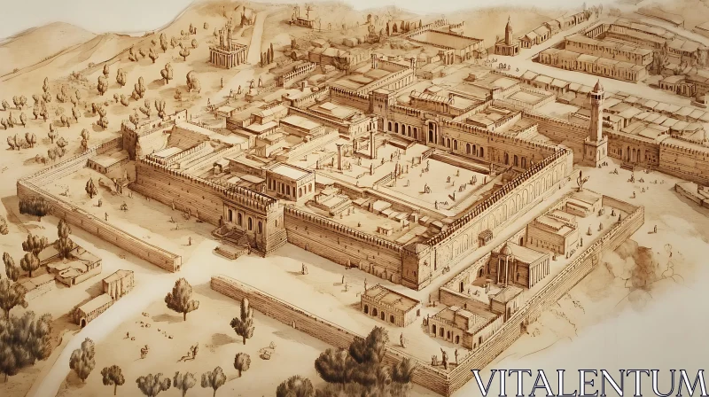 AI ART Historical Sepia Drawing of Ancient Fortified City